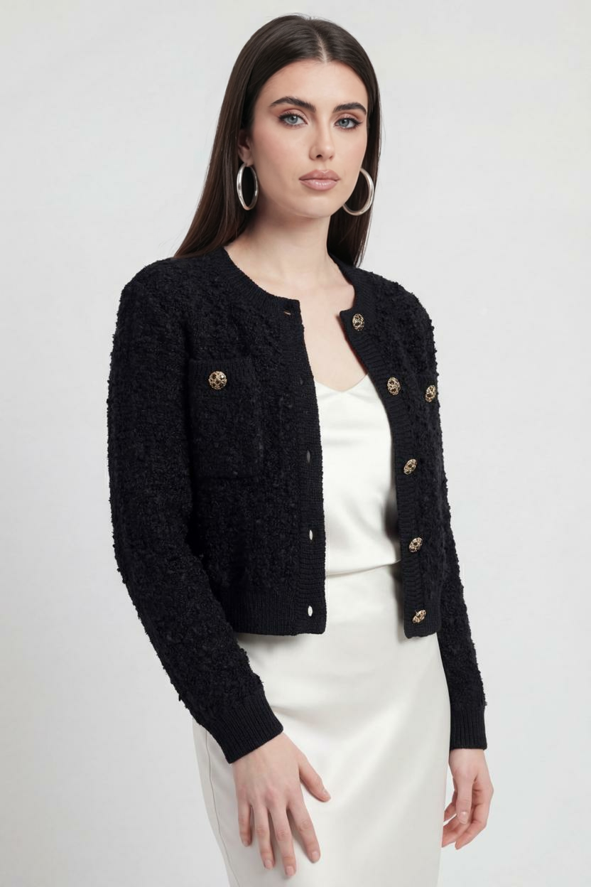 Black knit women's cardigan with open front from Lumina, featuring a cozy, relaxed fit and stylish design.