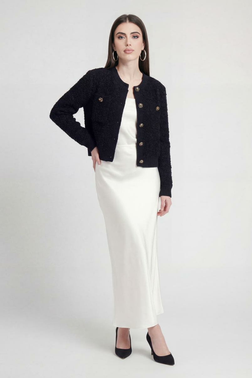 Lumina Wear Serena cozy black knit cardigan with open front, worn by a woman, perfect for casual and stylish layering.