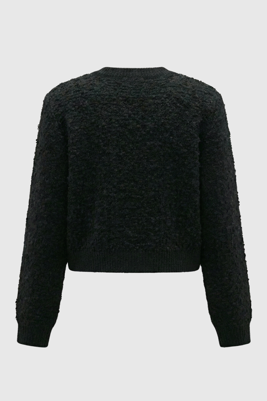 Black knit women's cardigan with open front from Lumina Wear, featuring a cozy, relaxed fit and soft texture.
