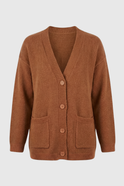 Lumina Wear Serena cozy brown knit cardigan with relaxed fit, featuring long sleeves and a soft, textured fabric for women.