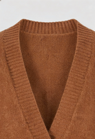 Lumina Wear Serena cozy brown knit cardigan for women with relaxed fit, featuring soft textured fabric and casual style.