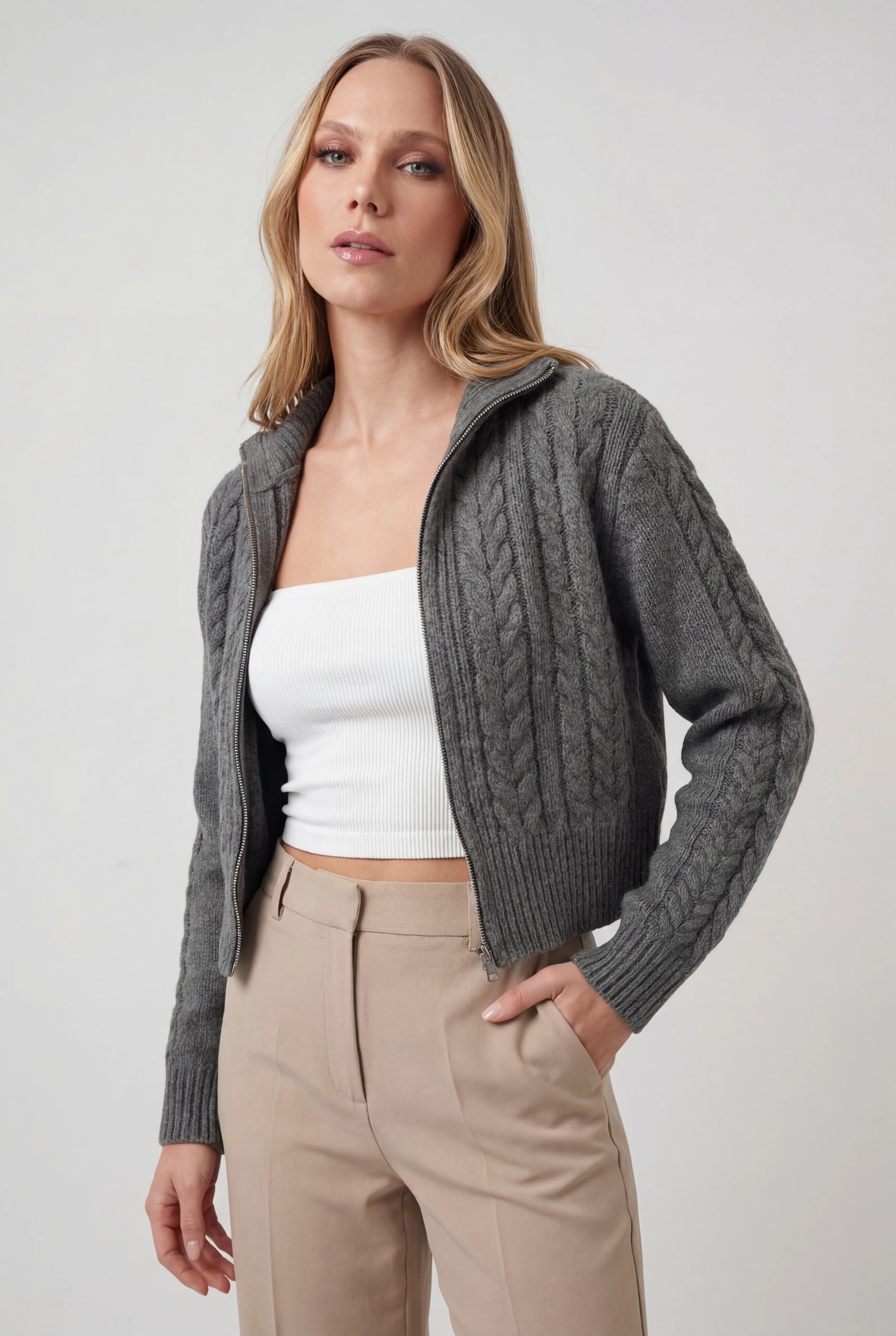 Dark gray long cardigan sweater for women from Lumina Wear, relaxed fit, cozy and stylish women's sweater.