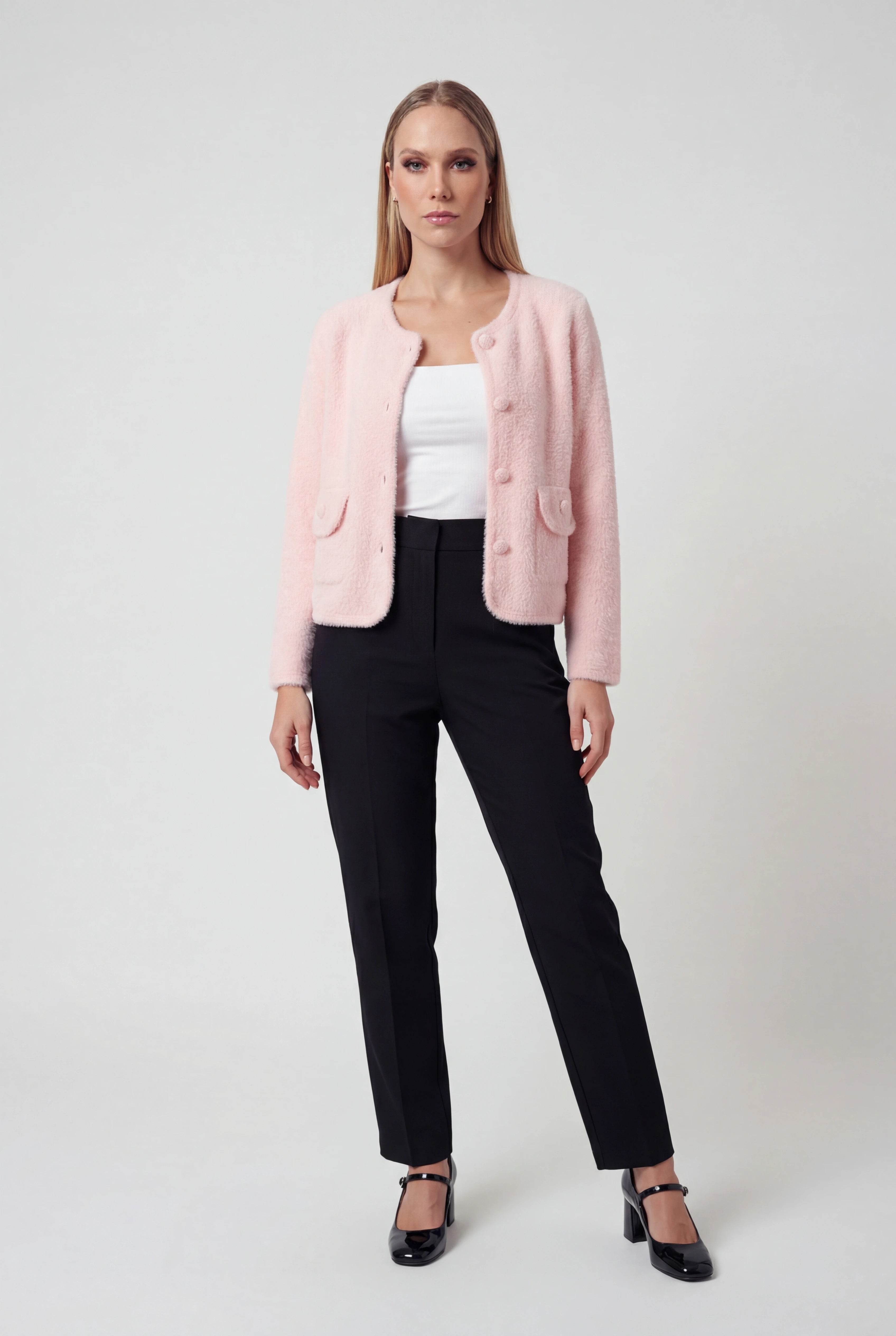 Pink long cardigan sweater with open front from Lumina Wear, featuring a cozy, relaxed fit and soft knit fabric.