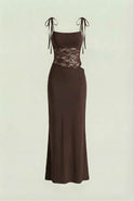 Lumina Wear Serena chocolate bodycon maxi dress showcasing a flattering silhouette and elegant casual style.