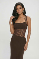 Elegant chocolate bodycon maxi dress by Lumina Wear, featuring a flattering silhouette and casual style, perfect for sophisticated occasions.