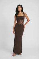 Lumina Wear Serena chocolate bodycon maxi dress with flattering silhouette, casual style, elegant fit, brown color, full-length design.