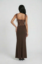 Elegant chocolate bodycon maxi dress by Lumina Wear, featuring a flattering silhouette and casual style in a rich brown color.