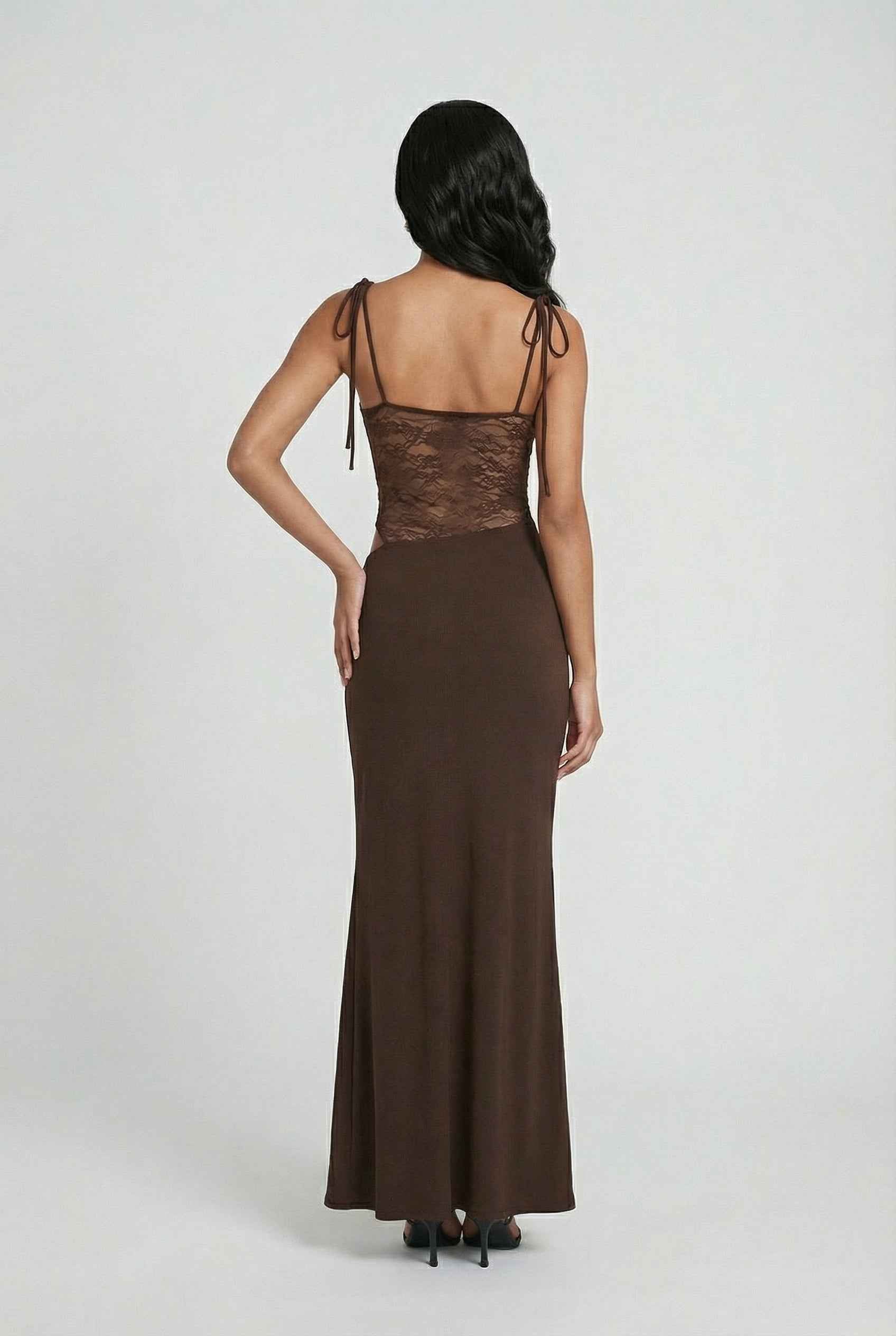Elegant chocolate bodycon maxi dress by Lumina Wear, featuring a flattering silhouette and casual style in a rich brown color.