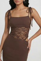 Serena Lumina Wear chocolate bodycon maxi dress featuring a flattering silhouette and elegant design, perfect for casual occasions.