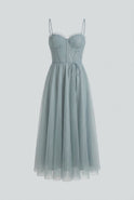 Elegant gray-blue A-line midi dress by Lumina Wear, featuring a comfortable fit and stylish design.