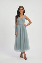 Gray and blue A-line midi dress by Lumina Wear featuring a stylish, comfortable fit and elegant design.