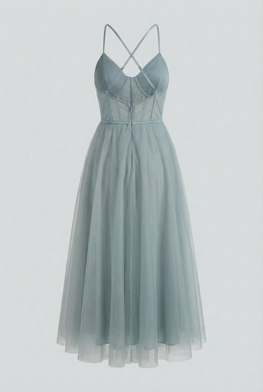Serena Lumina gray-blue A-line midi dress with a comfortable fit, featuring a stylish and elegant design.