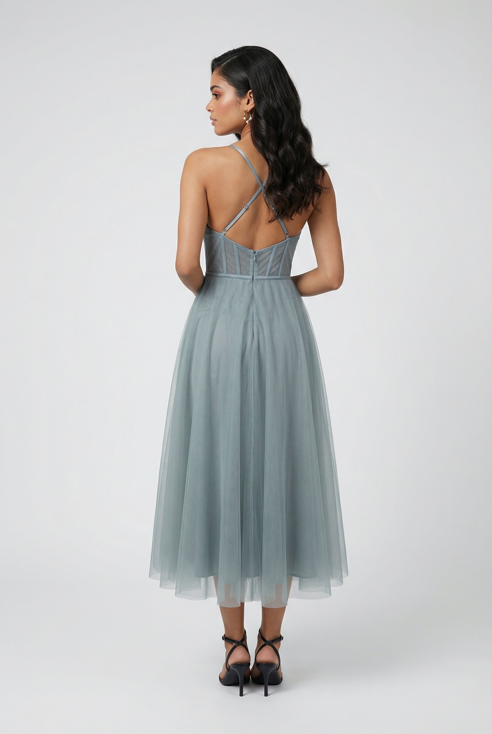 Gray and blue A-line midi dress by Lumina Wear featuring an elegant fit and comfortable design.