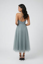 Gray and blue A-line midi dress by Lumina Wear featuring an elegant fit and comfortable design.