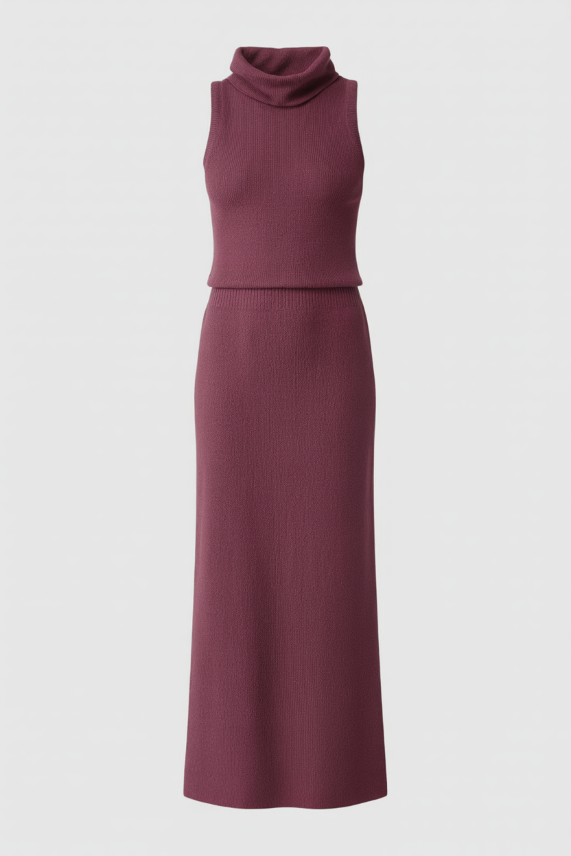 Lumina Wear Serena elegant knit skirt and top set showing a flattering silhouette, stylish two-piece dress with sophisticated design.