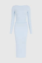 Elegant light blue maxi skirt set by Lumina Wear, featuring a sophisticated fit and stylish design for a chic look.