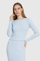 Elegant light blue maxi skirt set by Lumina Wear featuring a sophisticated fit and flowing design.