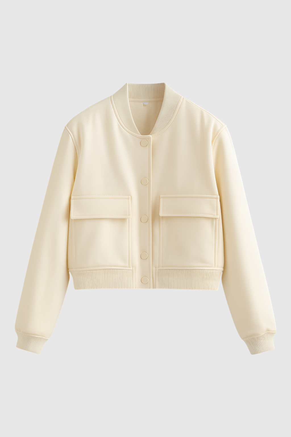 Serena Lumina Wear milk white bomber jacket with a sleek, timeless design, displayed on a hanger against a neutral background.
