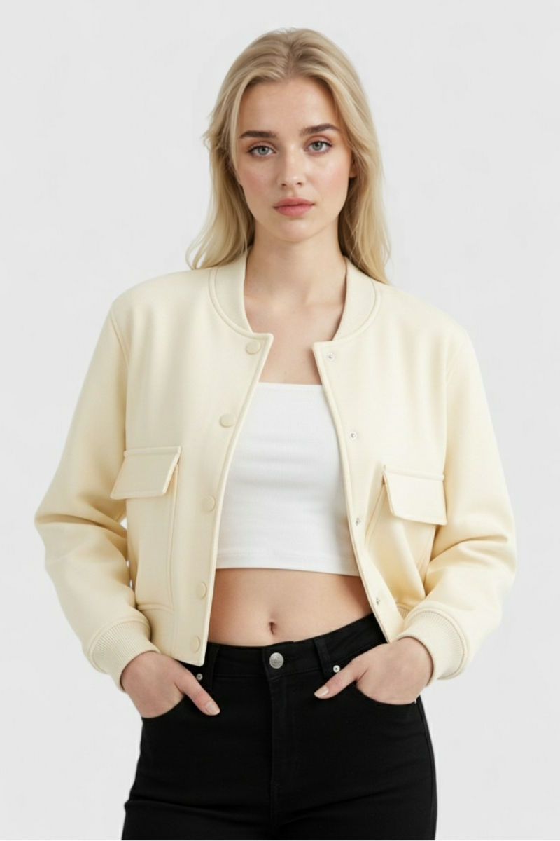 Elegant milk white Lumina Wear Serena bomber jacket with timeless design, featuring smooth fabric and classic silhouette.