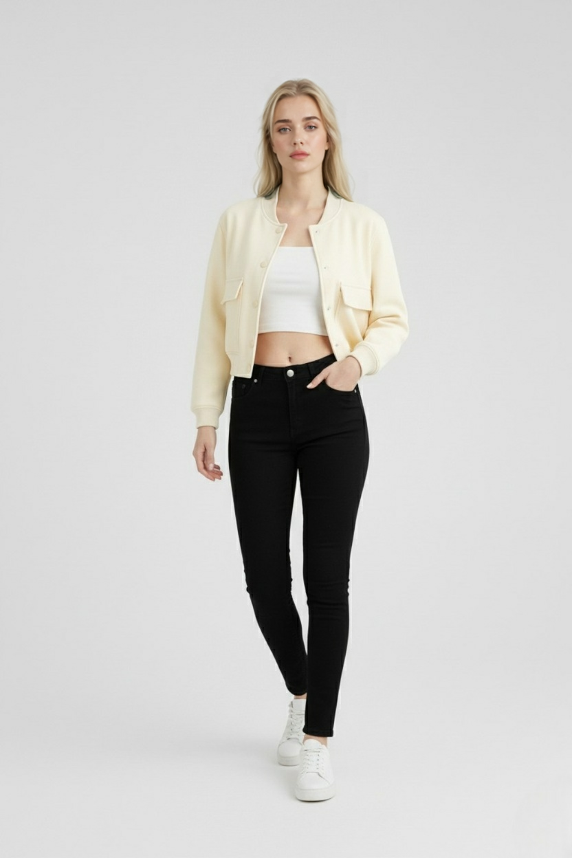 Serena Lumina Wear milk white bomber jacket with elegant, timeless design, featuring a sleek fit and minimalist style.