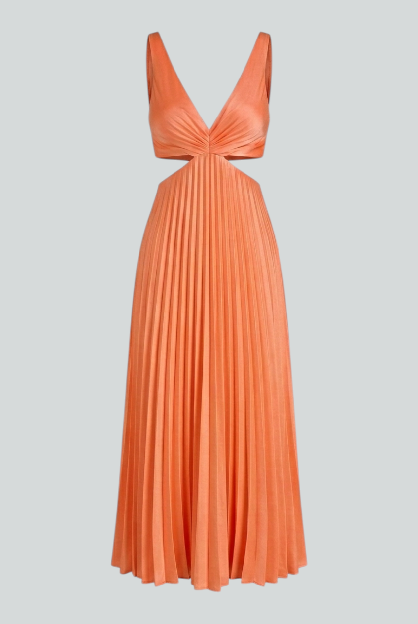 Orange Serena pleated midi dress by Lumina Wear, featuring a flattering fit and elegant design for women's dresses.