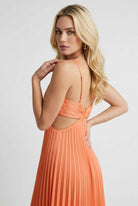 Orange Serena pleated midi dress by Lumina Wear, women's elegant dress with flattering fit and flowing design.