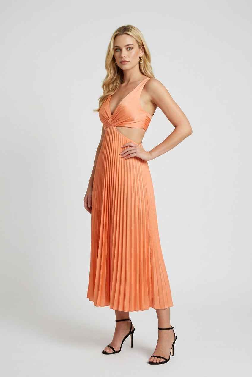 Orange Serena pleated midi dress by Lumina Wear, featuring a flattering fit and elegant design for women's fashion.
