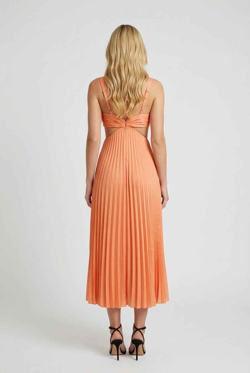 Orange Serena pleated midi dress by Lumina Wear, featuring a flattering fit and elegant design for women.