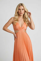 Orange Serena pleated midi dress by Lumina Wear featuring a flattering fit for women's dresses.