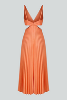 Orange Serena elegant pleated midi dress for women by Lumina Wear, showcasing a flattering fit and stylish design.