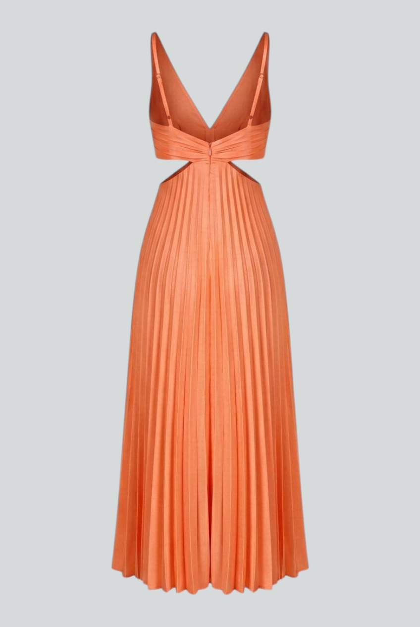 Orange Serena elegant pleated midi dress for women by Lumina Wear, showcasing a flattering fit and stylish design.