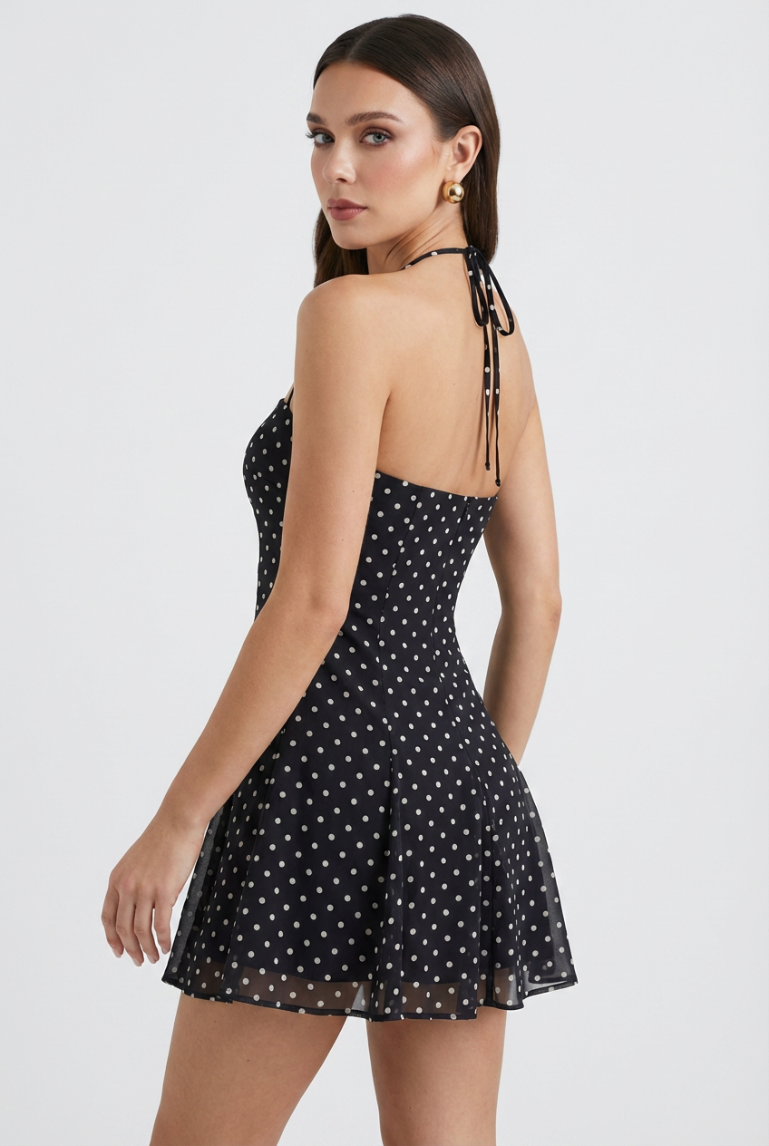 Black flared mini dress with polka dot print from Lumina Wear's Serena collection, featuring a stylish and playful design.
