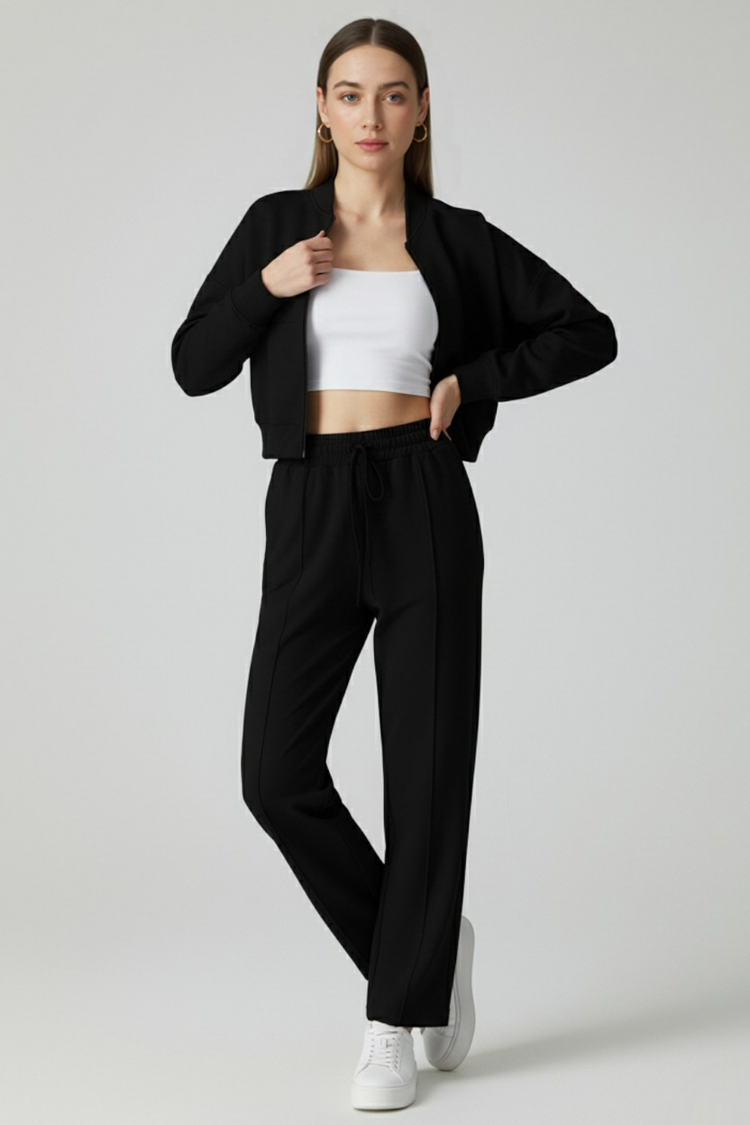 Black Serena Lumina Wear high waist loose fit two-piece pants set, casual active set with modern style.