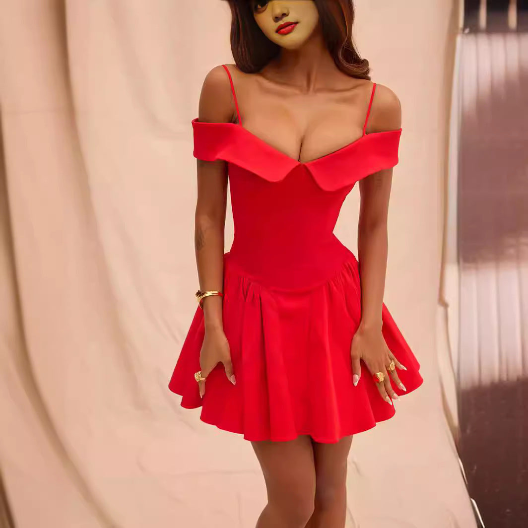 Women’s Fit and Flare Dress – V-Neck – Off-Shoulder Ruffle – Pleated Skirt – Cinched Waist by Lumina Vancouver