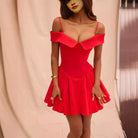 Women’s Fit and Flare Dress – V-Neck – Off-Shoulder Ruffle – Pleated Skirt – Cinched Waist by Lumina Vancouver