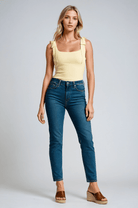 Serena Lumina yellow slim fit tank top with bow detail, casual camisole, sleeveless style, perfect for summer wear