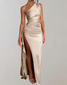 Khaki satin Gabrielle gown with slit, Lumina Vancouver mini evening dress, elegant and flowing, perfect for formal occasions
