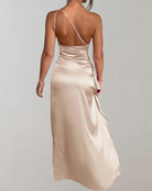 Khaki satin Gabrielle gown with slit, evening mini dress by Lumina Vancouver, featuring elegant draping and a sleek silhouette.