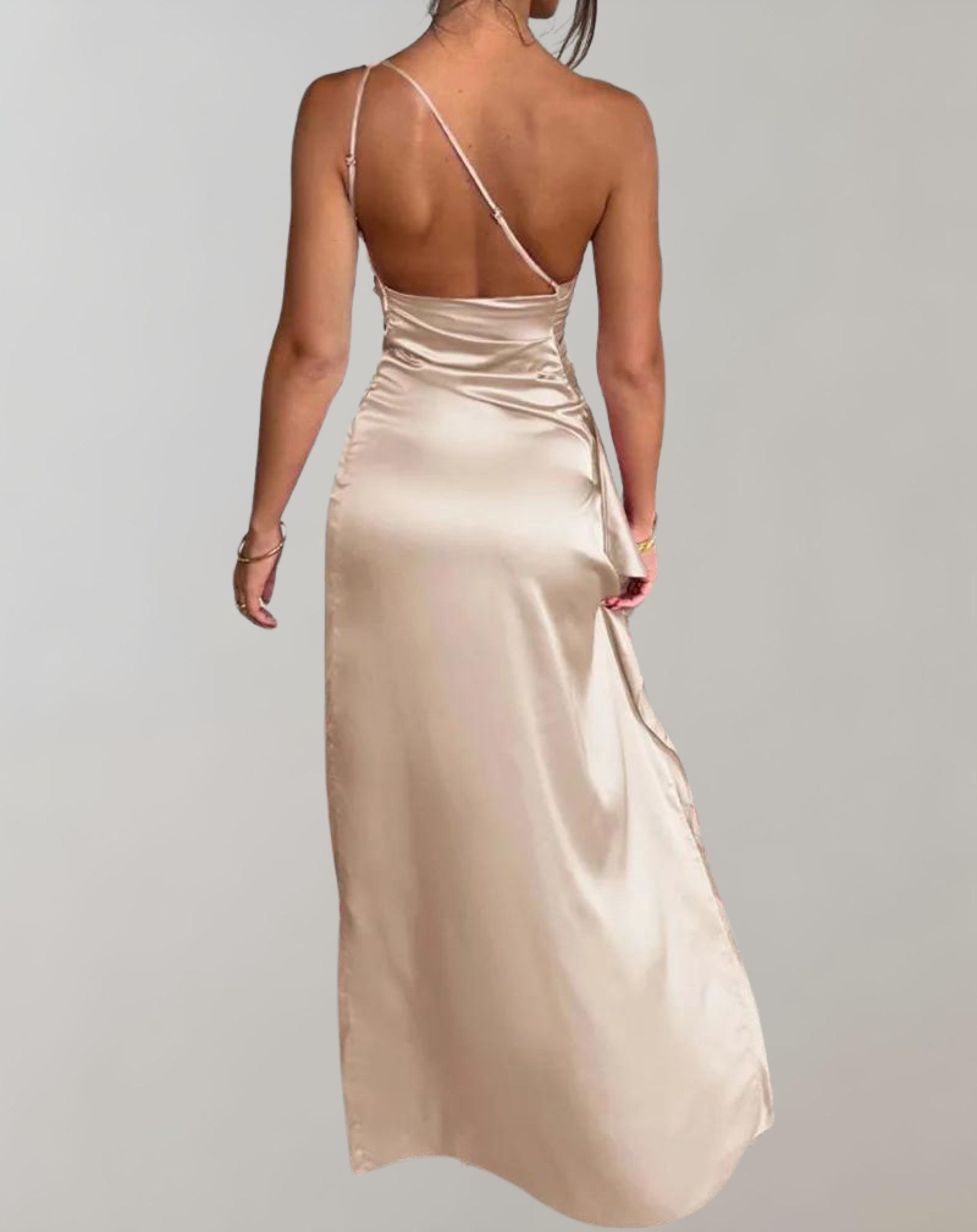 Khaki satin Gabrielle gown with slit, evening mini dress by Lumina Vancouver, featuring elegant draping and a sleek silhouette.
