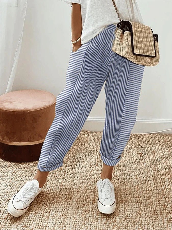 Blue Serena Lumina Wear striped casual lounge pants with elastic waist, relaxed fit, perfect for comfortable everyday wear.