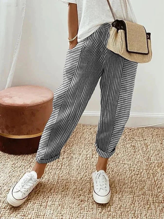 Blue Serena Lumina Wear striped casual lounge pants with elastic waist, relaxed fit, perfect for comfortable everyday wear.