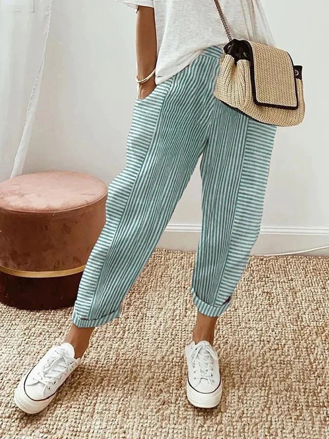 Blue Serena Lumina Wear striped casual lounge pants with elastic waist, relaxed fit, ideal for comfortable everyday wear.