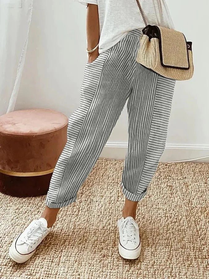 Blue Serena Lumina casual lounge pants with striped pattern and elastic waistband, relaxed fit, XS size.
