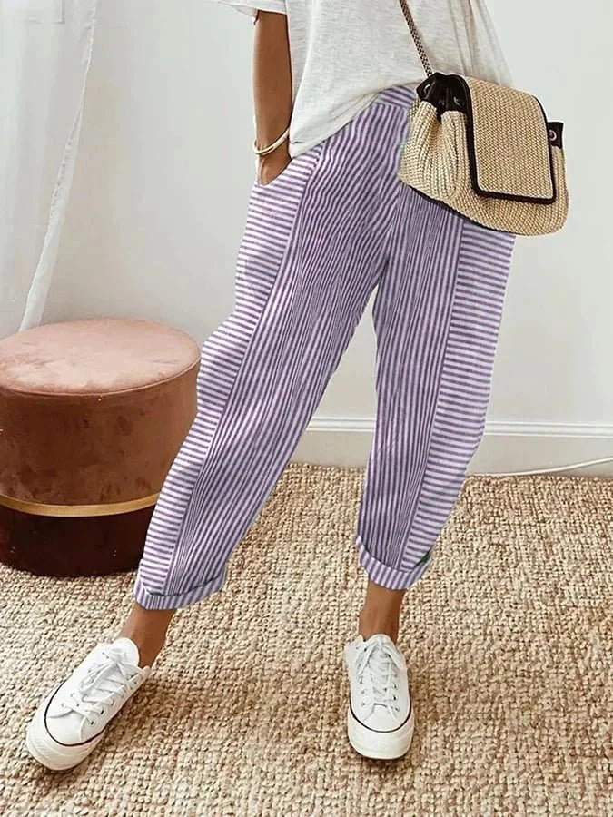 Blue Serena Lumina Wear striped casual lounge pants with elastic waist and relaxed fit, perfect for comfortable everyday wear.