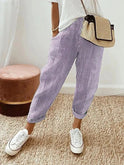 Lumina Wear Serena striped casual lounge pants with elastic waist, blue and white, comfortable relaxed-fit pants for everyday wear.