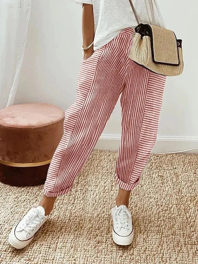 Blue Serena Lumina Wear striped casual lounge pants with elastic waist, comfortable fit, and relaxed style.
