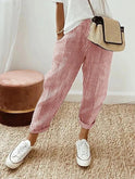 Lumina Wear Serena striped casual lounge pants with elastic waist in blue, featuring a relaxed fit and comfortable design.