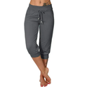 Trendy grey Capri trousers by Lumina Wear with elastic waistband, shown in a casual fit and beige color.