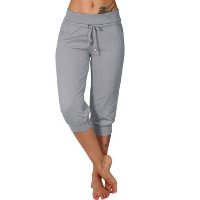 Lumina Wear Serena grey capri trousers with elastic waistband, lightweight and stylish for casual wear.