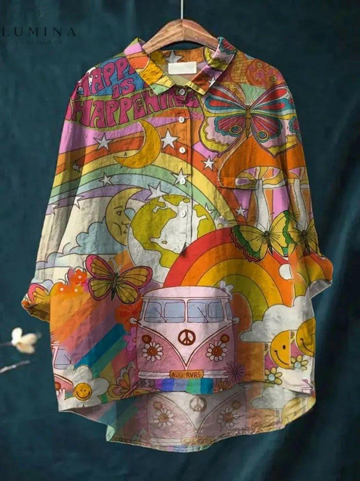Multicolor Serenity Hippie Art T-shirt by Lumina Vancouver featuring vibrant bohemian design on soft cotton fabric.